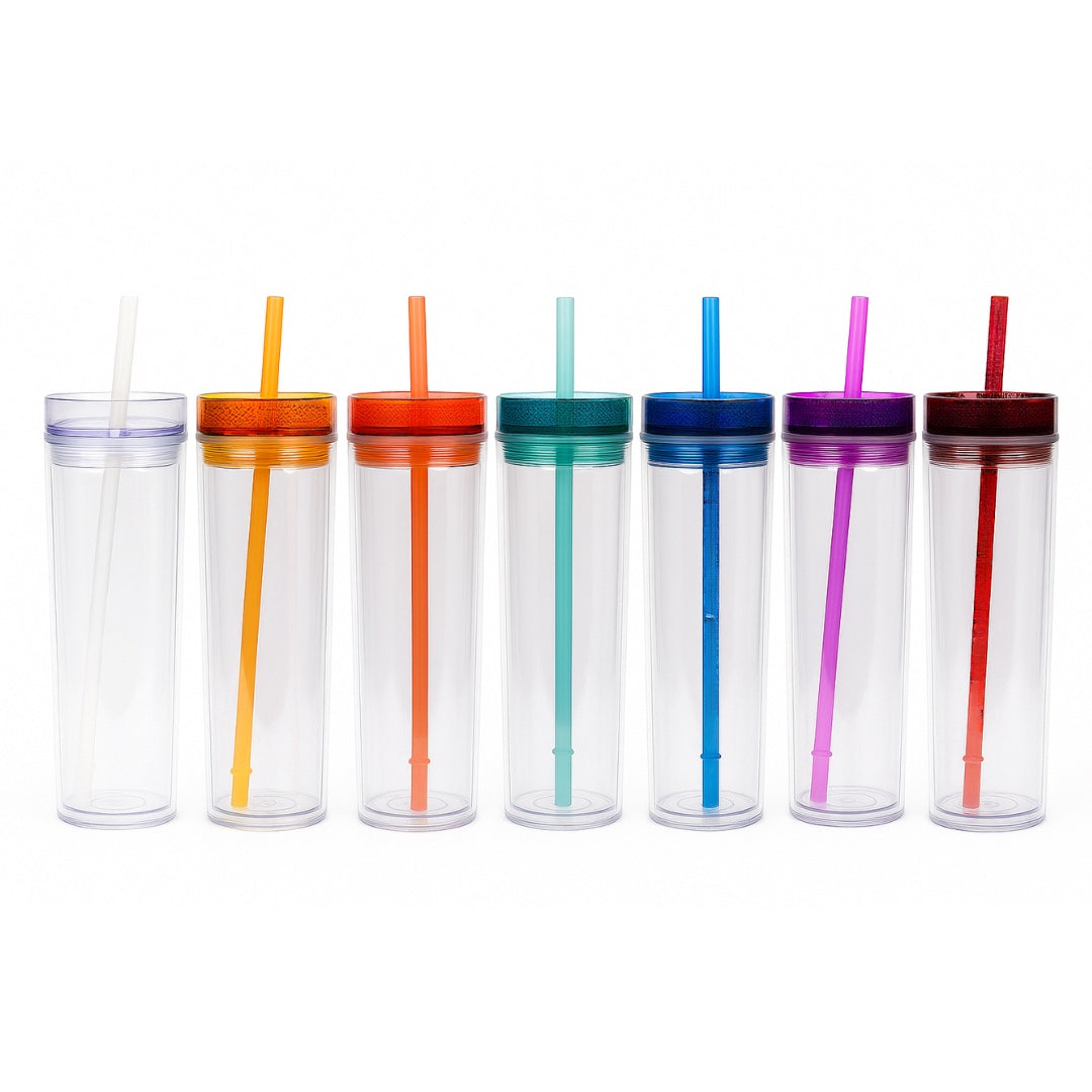 Chévereh skinny tumblers in multiple colors: clear, orange, teal, blue, purple, and red. Each 16oz acrylic tumbler has a double-walled design and comes with a matching straw and lid.