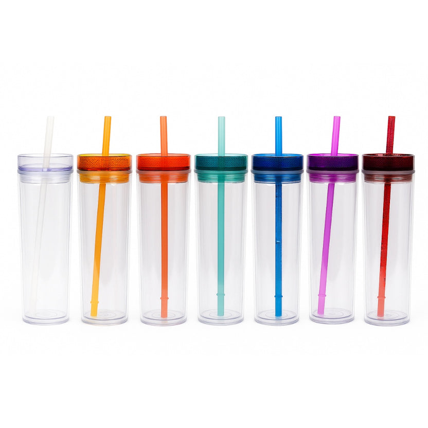 Chévereh skinny tumblers in multiple colors: clear, orange, teal, blue, purple, and red. Each 16oz acrylic tumbler has a double-walled design and comes with a matching straw and lid.