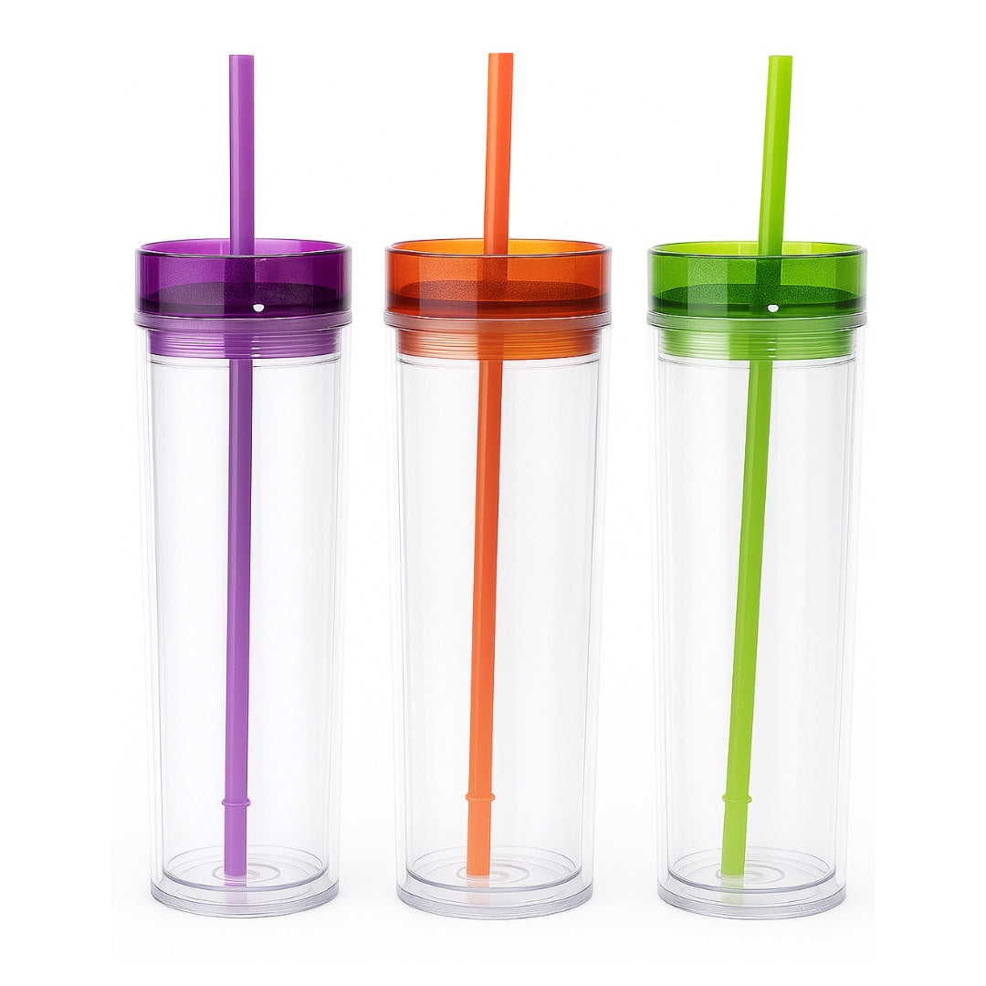 Chévereh skinny tumblers in purple, orange, and green. Double-walled acrylic with splash-proof lids and reusable straws.