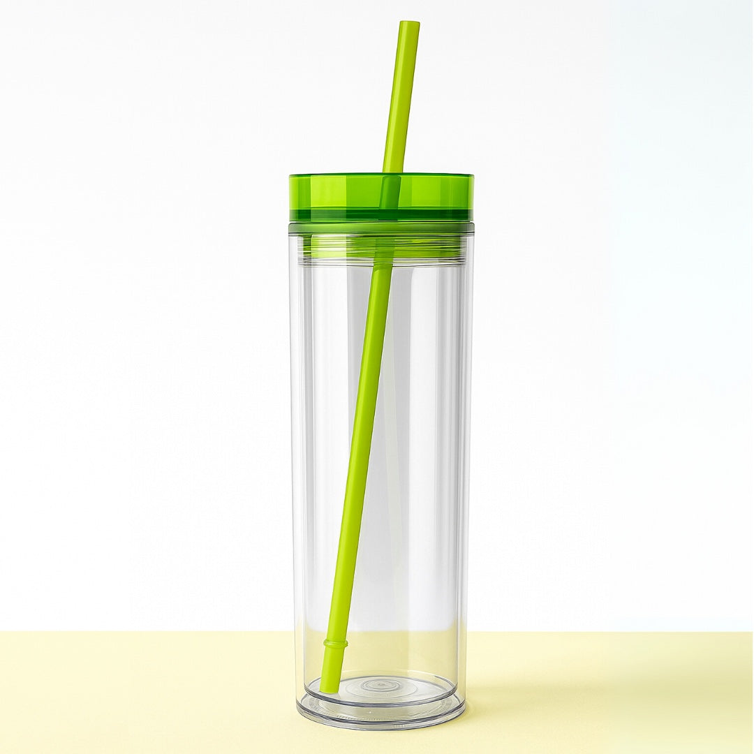 Chévereh skinny tumbler, clear acrylic, 16oz, double-walled, with a bright green lid and matching straw.