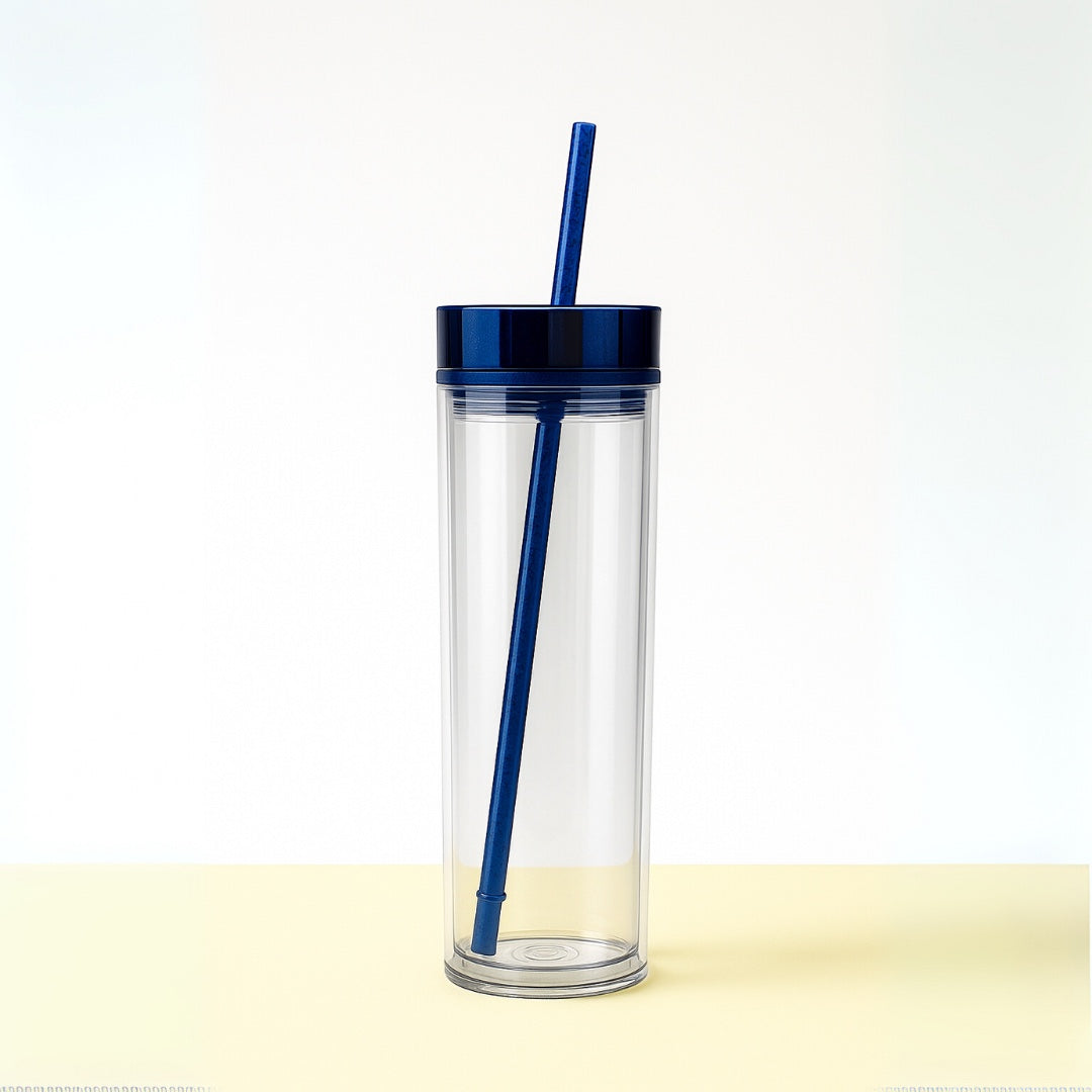 Chévereh skinny tumbler, clear acrylic, 16oz, double-walled, with navy blue lid and straw.