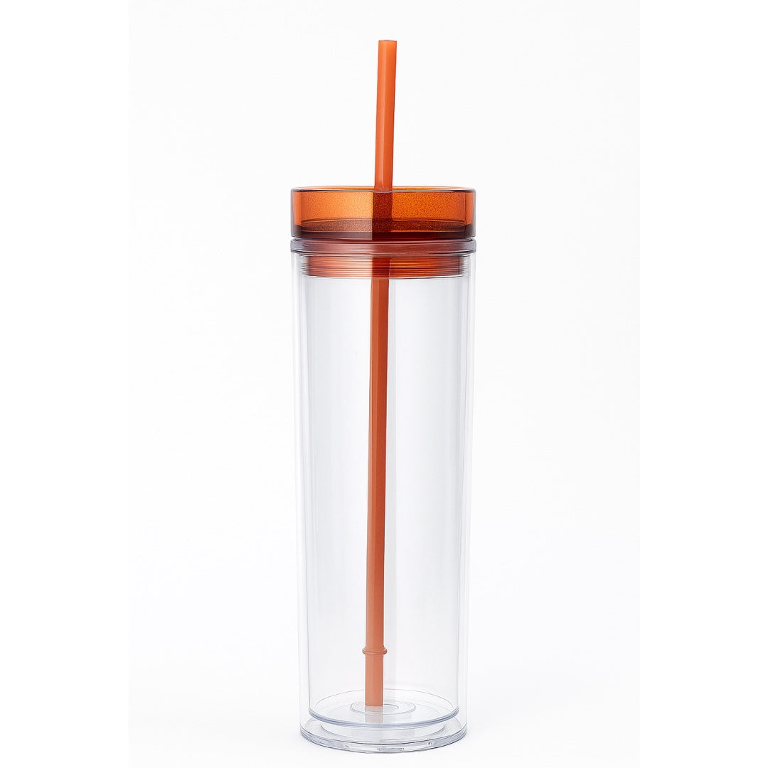 Chévereh skinny tumbler, clear double-walled acrylic with orange lid and straw. 16oz capacity.