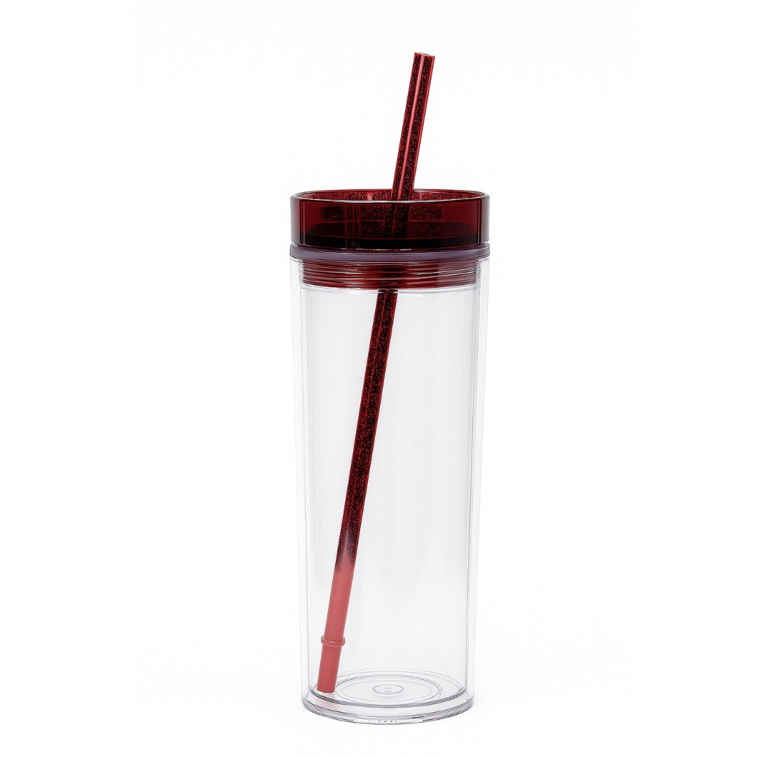 Chévereh skinny tumbler, clear double-walled acrylic with red glitter straw and lid. 16oz capacity.