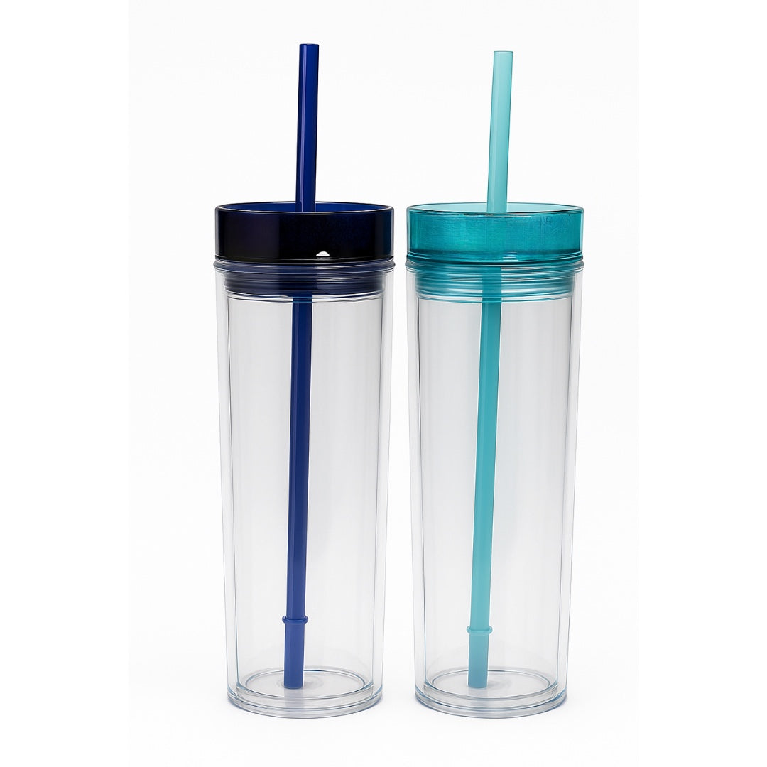Chévereh skinny tumblers in navy and teal with reusable straws. Double-walled acrylic cups with splash-proof lids.