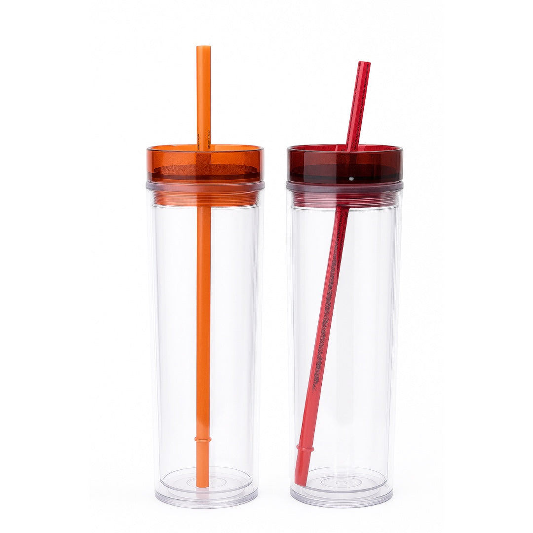 Chévereh skinny tumblers: one orange, one red, both 16oz, double-walled acrylic with screw-on lids and reusable straws.