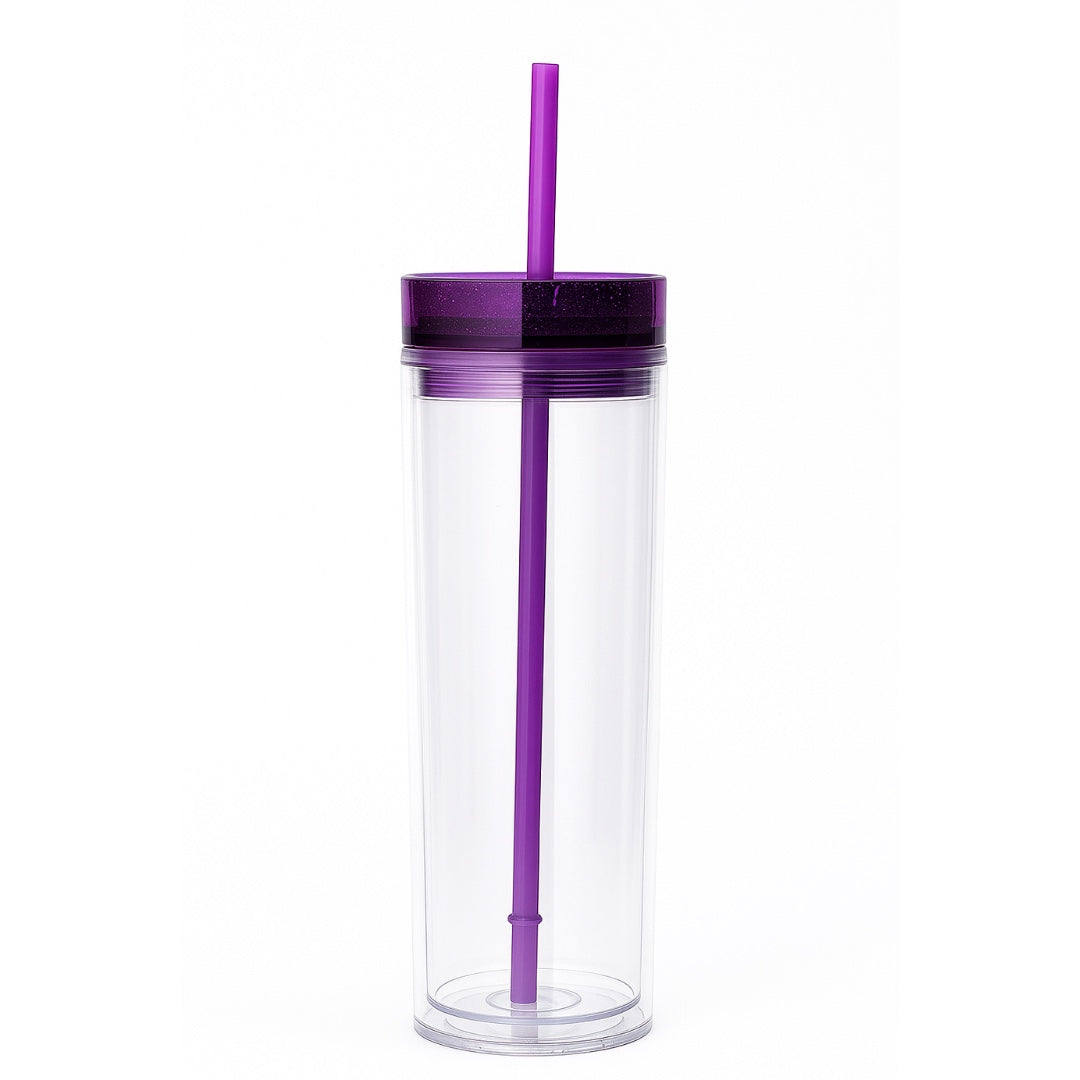 Chévereh skinny tumbler, clear acrylic 16oz with purple glitter lid and matching straw. Double-walled design.