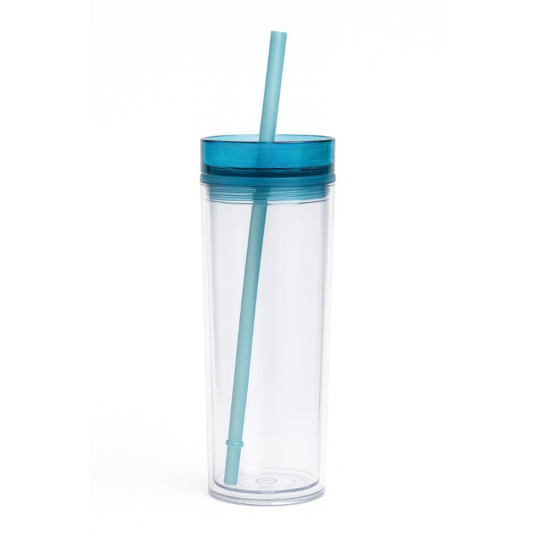 Chévereh skinny tumbler, 16oz, clear acrylic with teal lid and straw. Double-walled for temperature control.