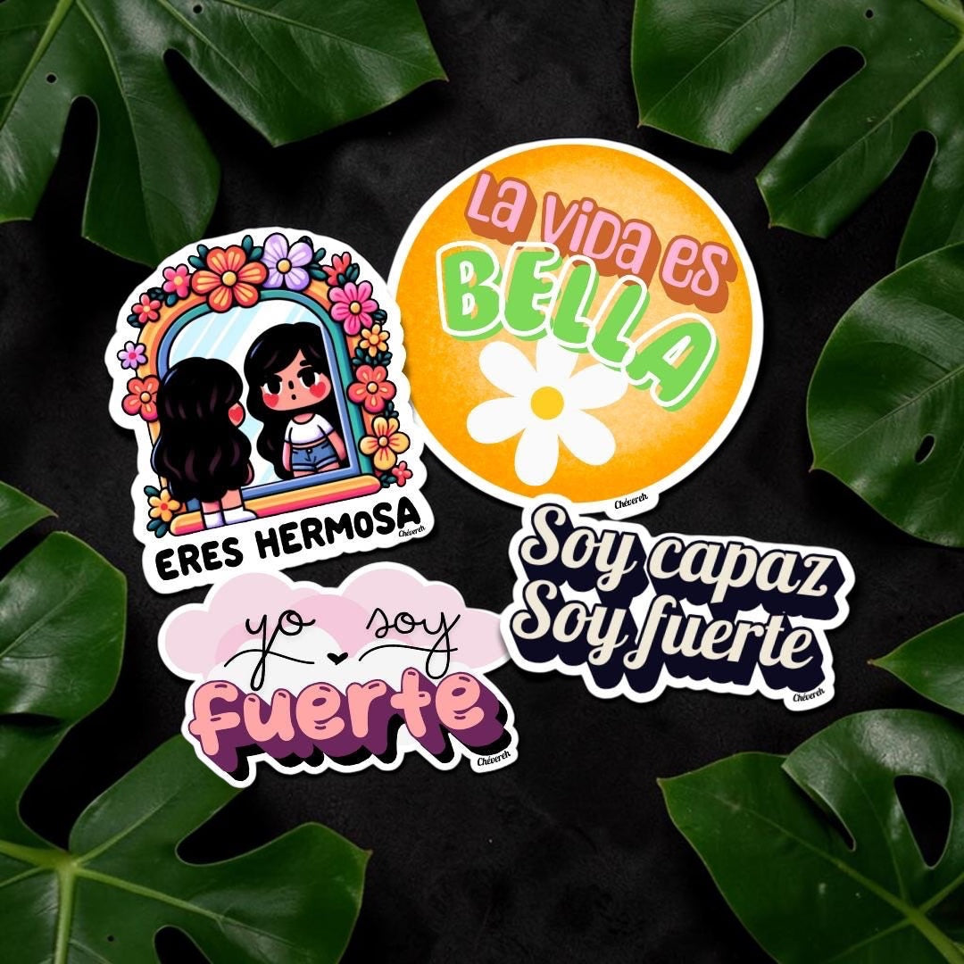 Chévereh glossy vinyl sticker pack with Latina-themed Spanish affirmations on a dark background with green leaves.