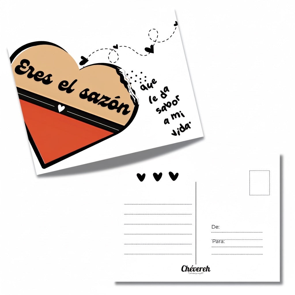 Chévereh Eres el sazón postcard with a heart illustration and Spanish text. Features a tan and orange heart with black text and dotted lines.