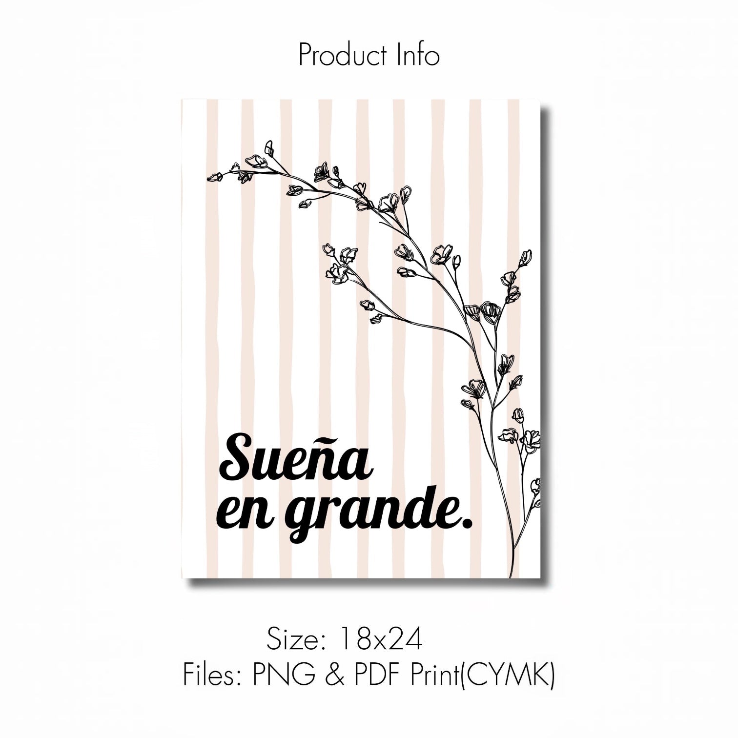 Chévereh Inspirational Spanish Quote 'Sueña en grande' art print with floral illustration and soft peach stripes.