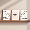 Chévereh Inspirational Spanish Quote digital art prints (Set of 3) with floral illustrations and soft stripes.