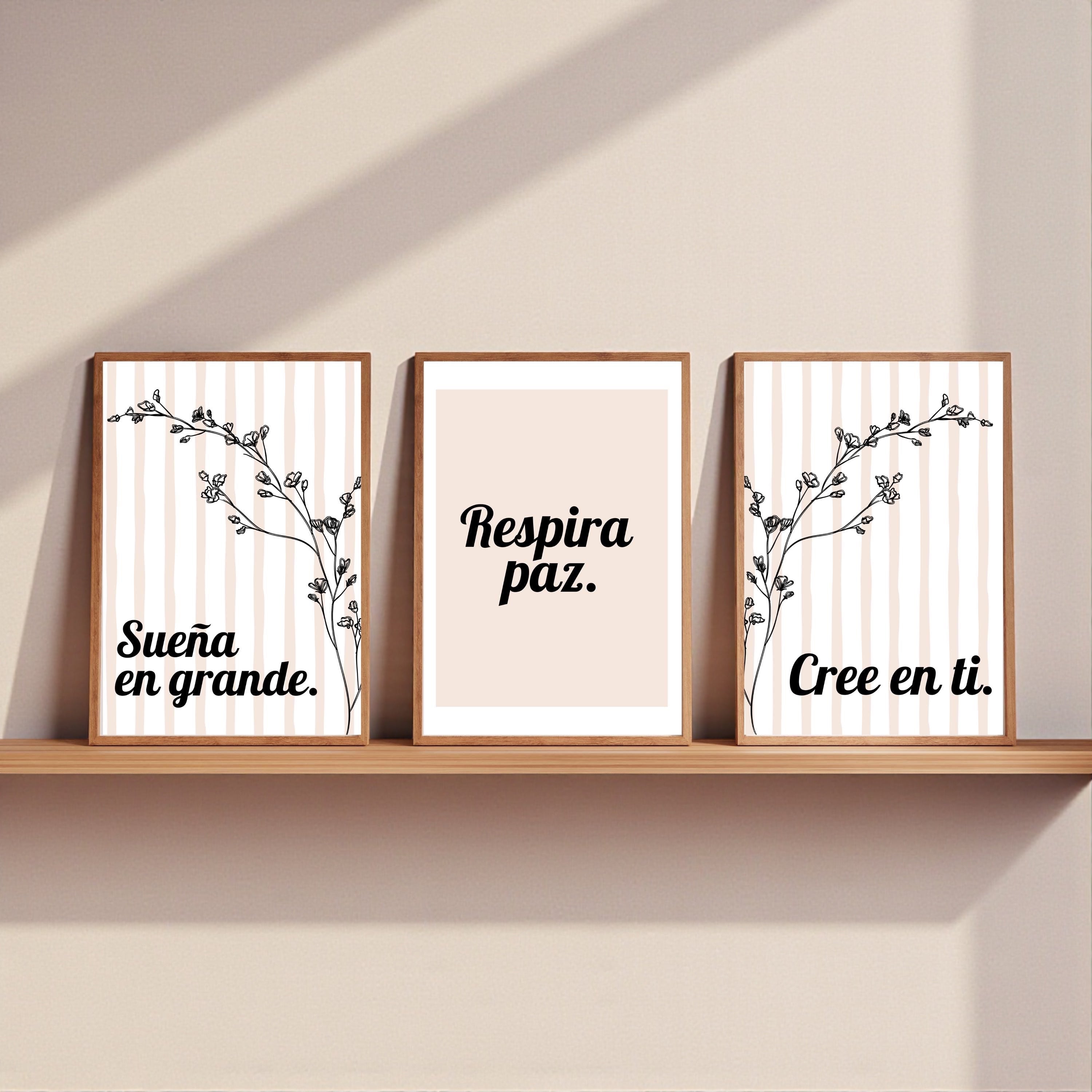 Chévereh Inspirational Spanish Quote digital art prints (Set of 3) with floral illustrations and soft stripes.