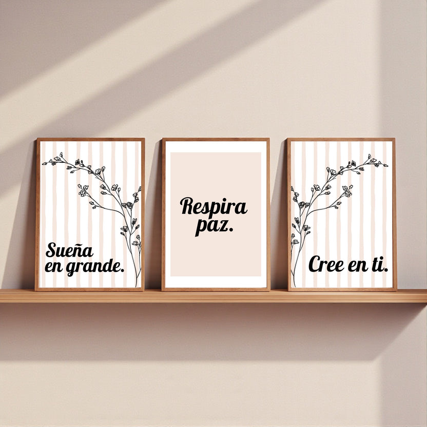 Chévereh Inspirational Spanish Quote digital art prints (Set of 3) with floral illustrations and soft stripes.