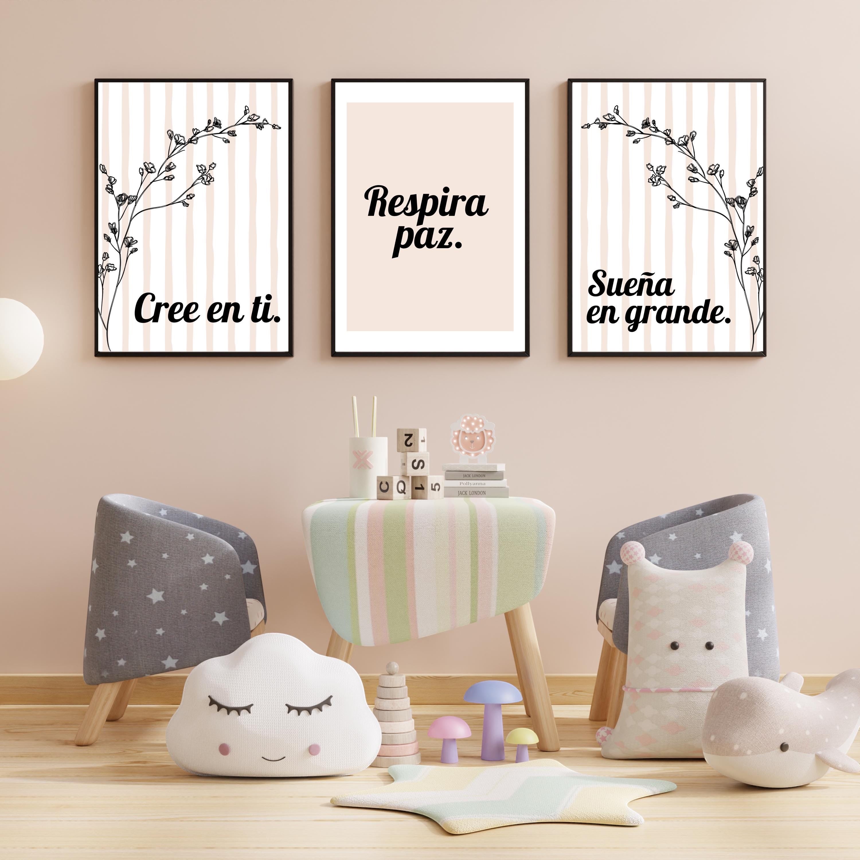 Chévereh Inspirational Spanish Quote Art Prints (Set of 3) - "Cree en ti", "Respira paz", "Sueña en grande" with floral and stripe designs.