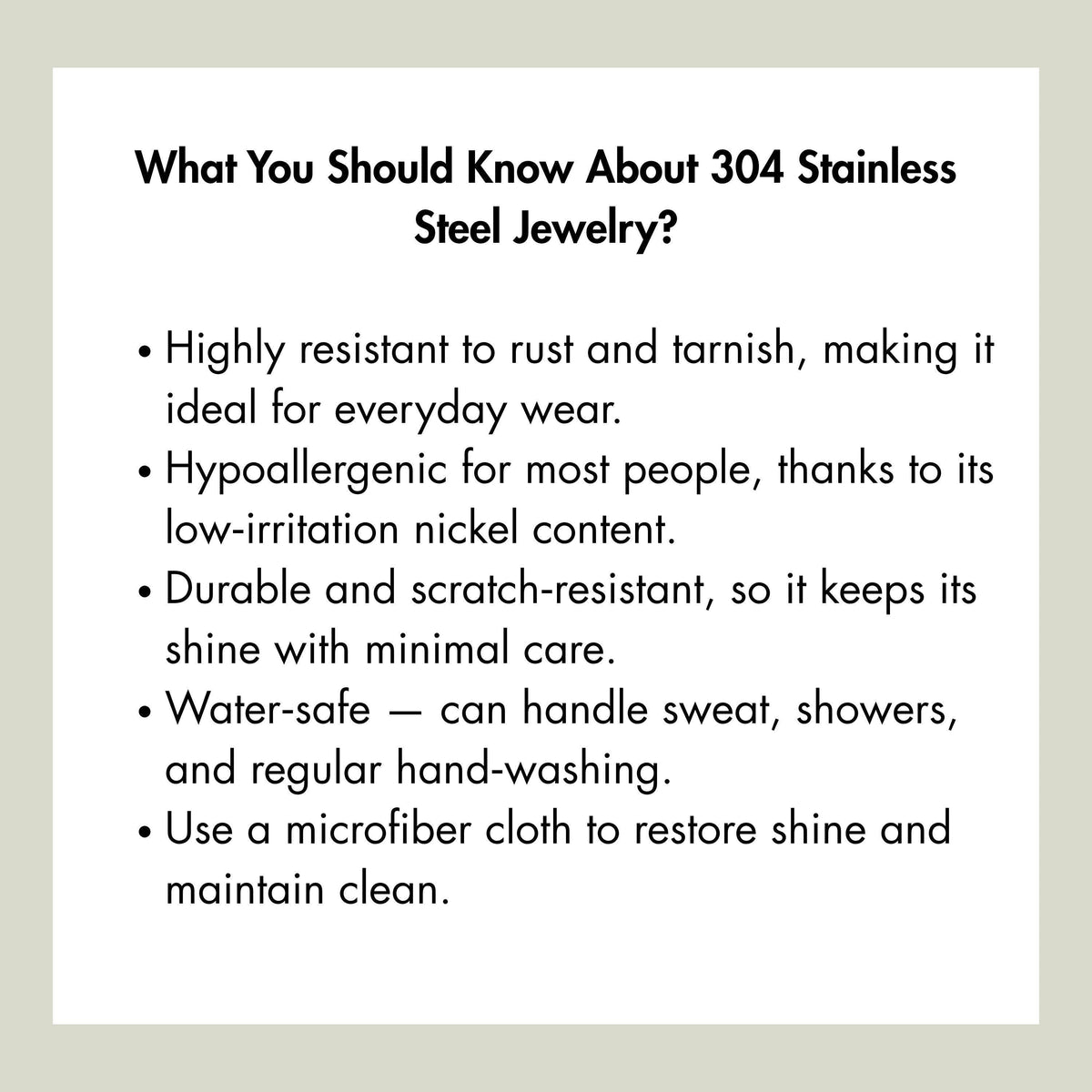 Chévereh informational graphic detailing the durability, hypoallergenic properties, and care of 304 stainless steel.