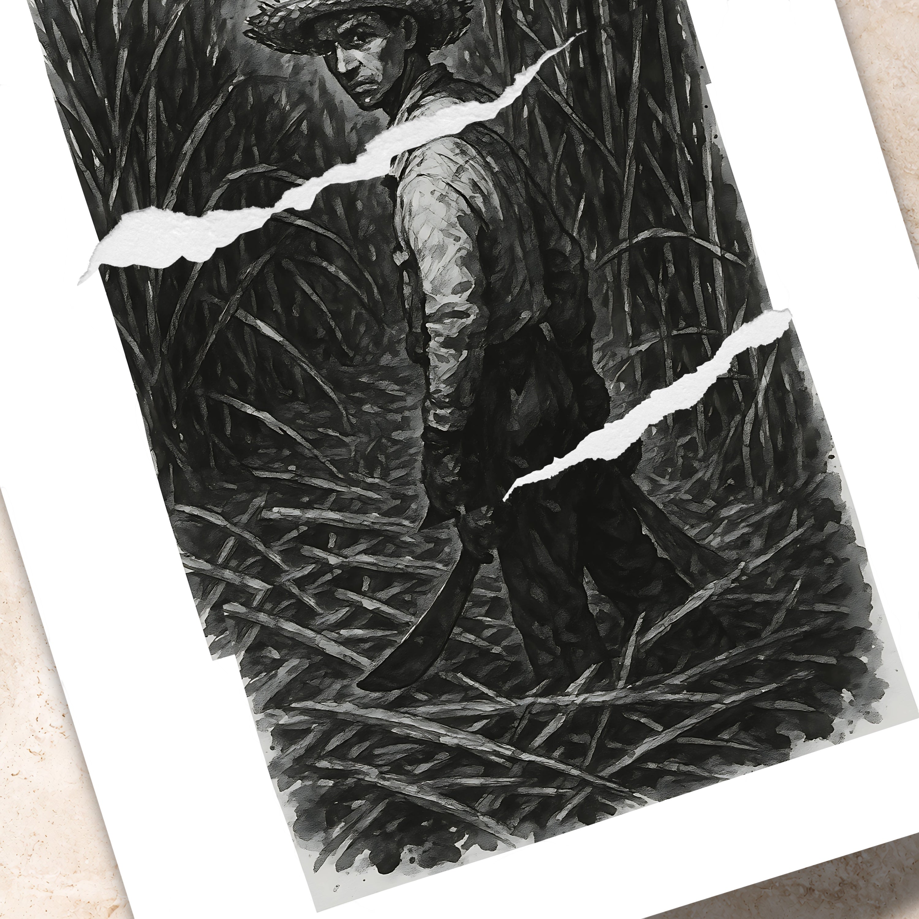 Chévereh Sugarcane Worker digital art print, black and white, 18x24in, featuring a worker with a machete in a field.