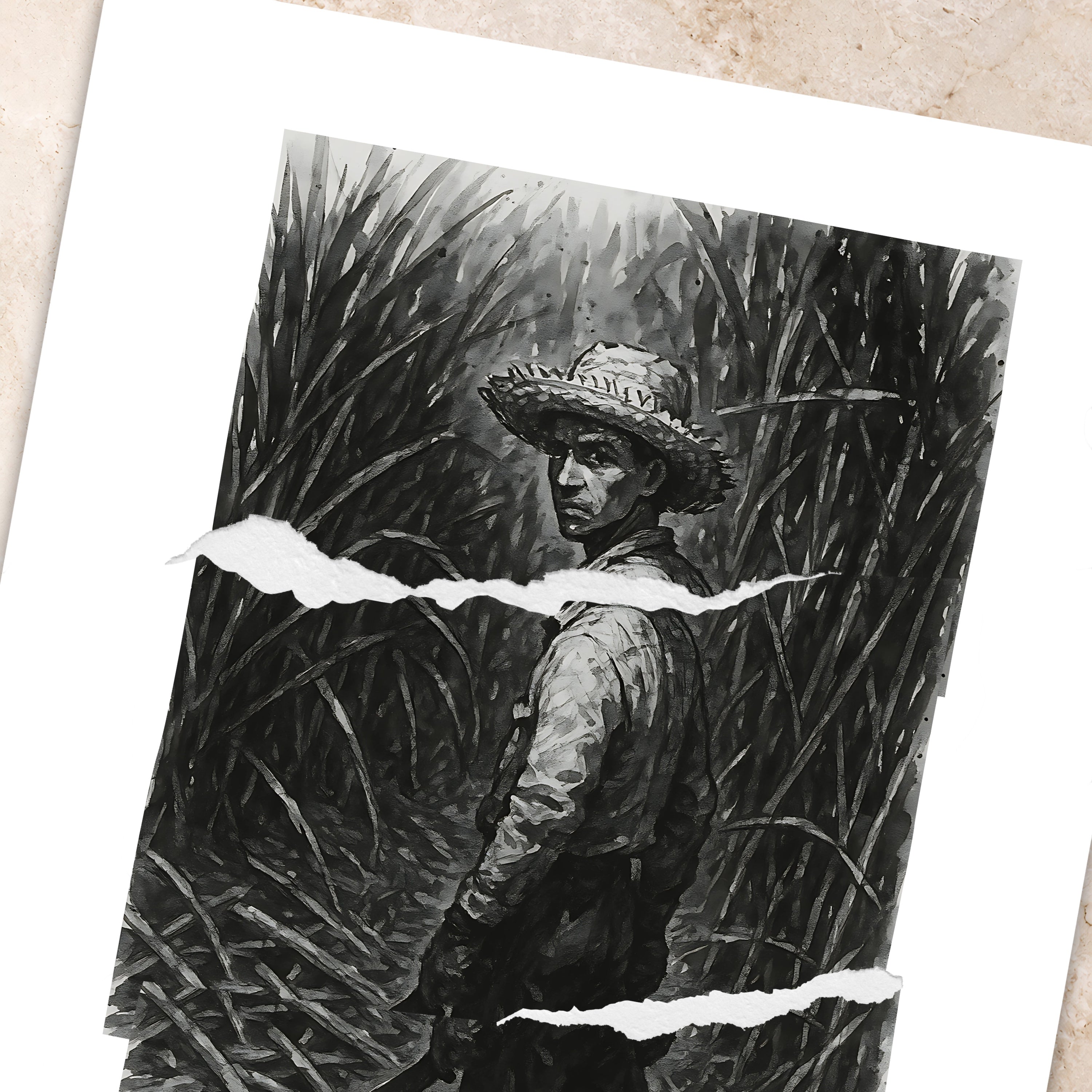 Chévereh Sugarcane Worker digital art print, black and white, 18x24in, featuring a man in a straw hat in a field.