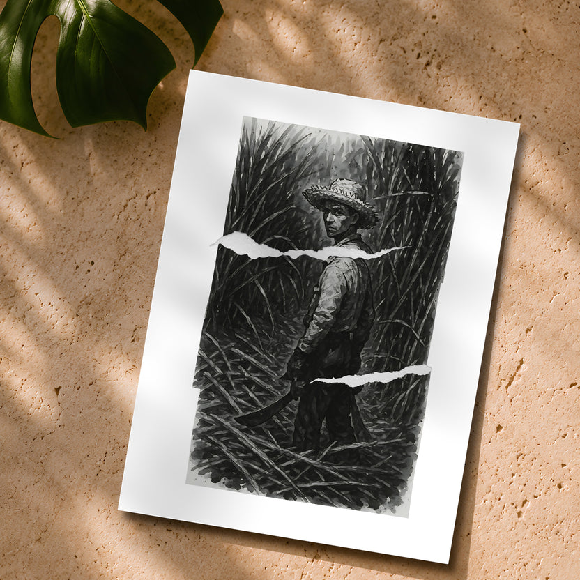 Chévereh Sugarcane Worker digital art print, black and white, 18x24in, featuring a man in a straw hat holding a machete in a sugarcane field.