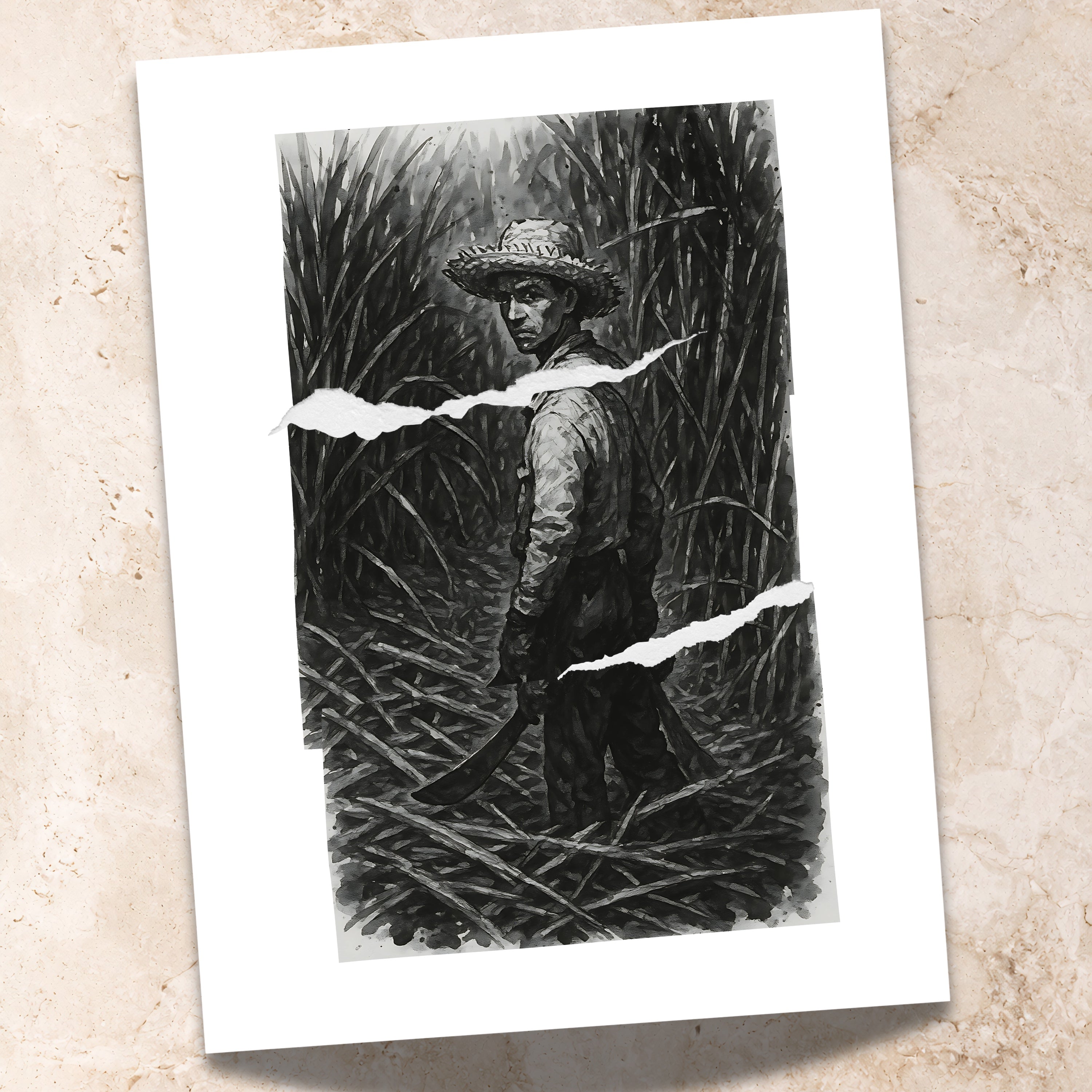 Chévereh Sugarcane Worker digital art print, black and white illustration of a man in a straw hat holding a machete in a sugarcane field.
