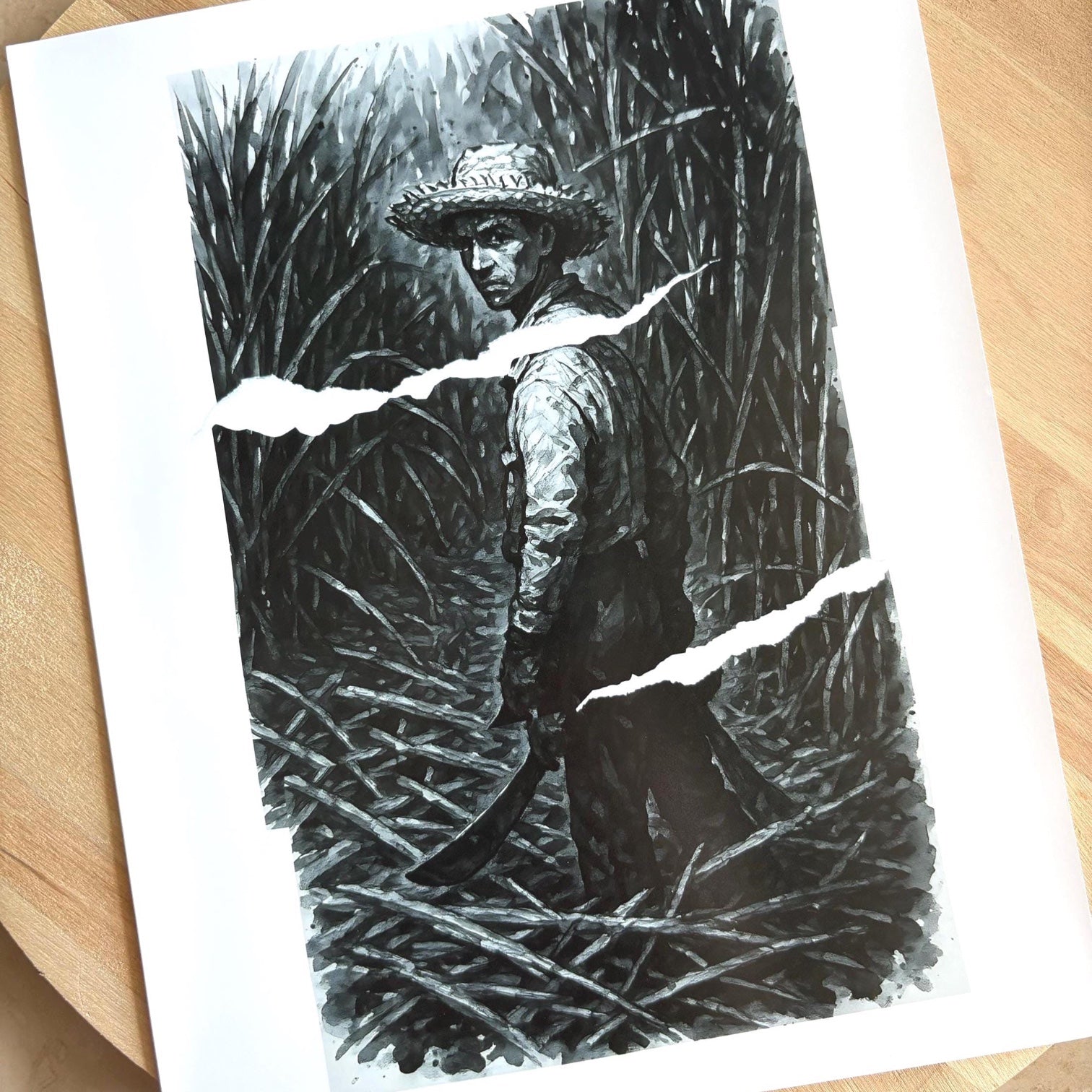 Chévereh Sugarcane Worker digital art print, black and white illustration of a man in a straw hat holding a machete in a sugarcane field.