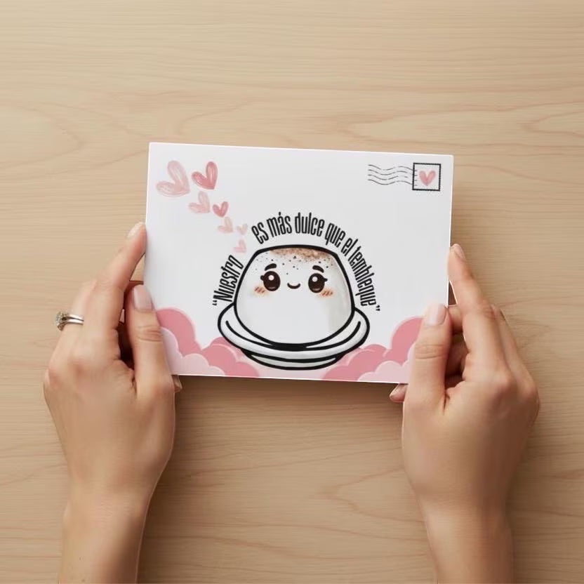 Chévereh Tembleque postcard featuring a cute dessert illustration with pink hearts and clouds. Text reads 'Nuestro es más dulce que el tembleque.'