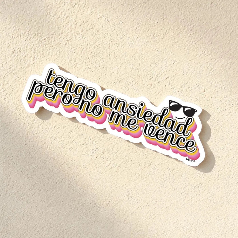 Chévereh Tengo Ansiedad vinyl sticker with pink and yellow gradient text and sunglasses, waterproof glossy finish.
