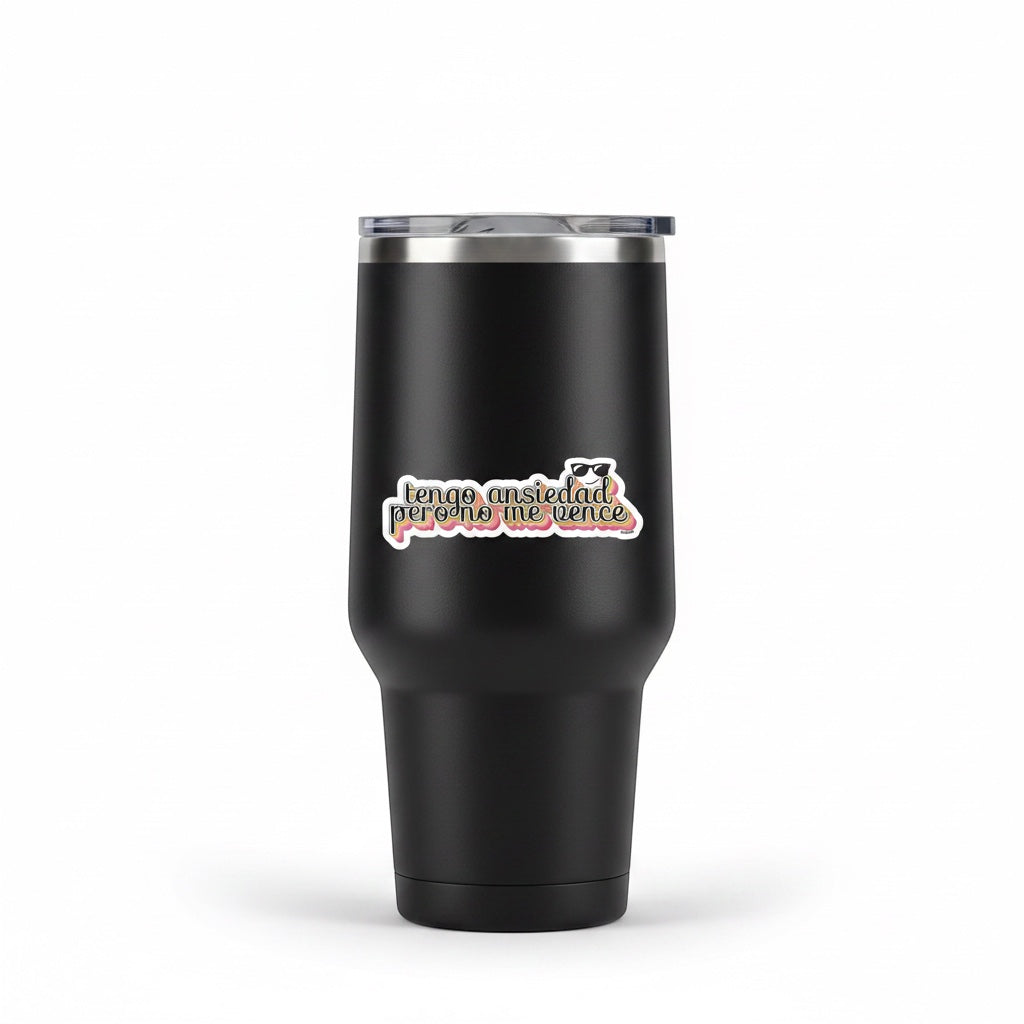 Chévereh Tengo Ansiedad vinyl sticker with glossy finish on a black tumbler. Features Spanish text and sunglasses.