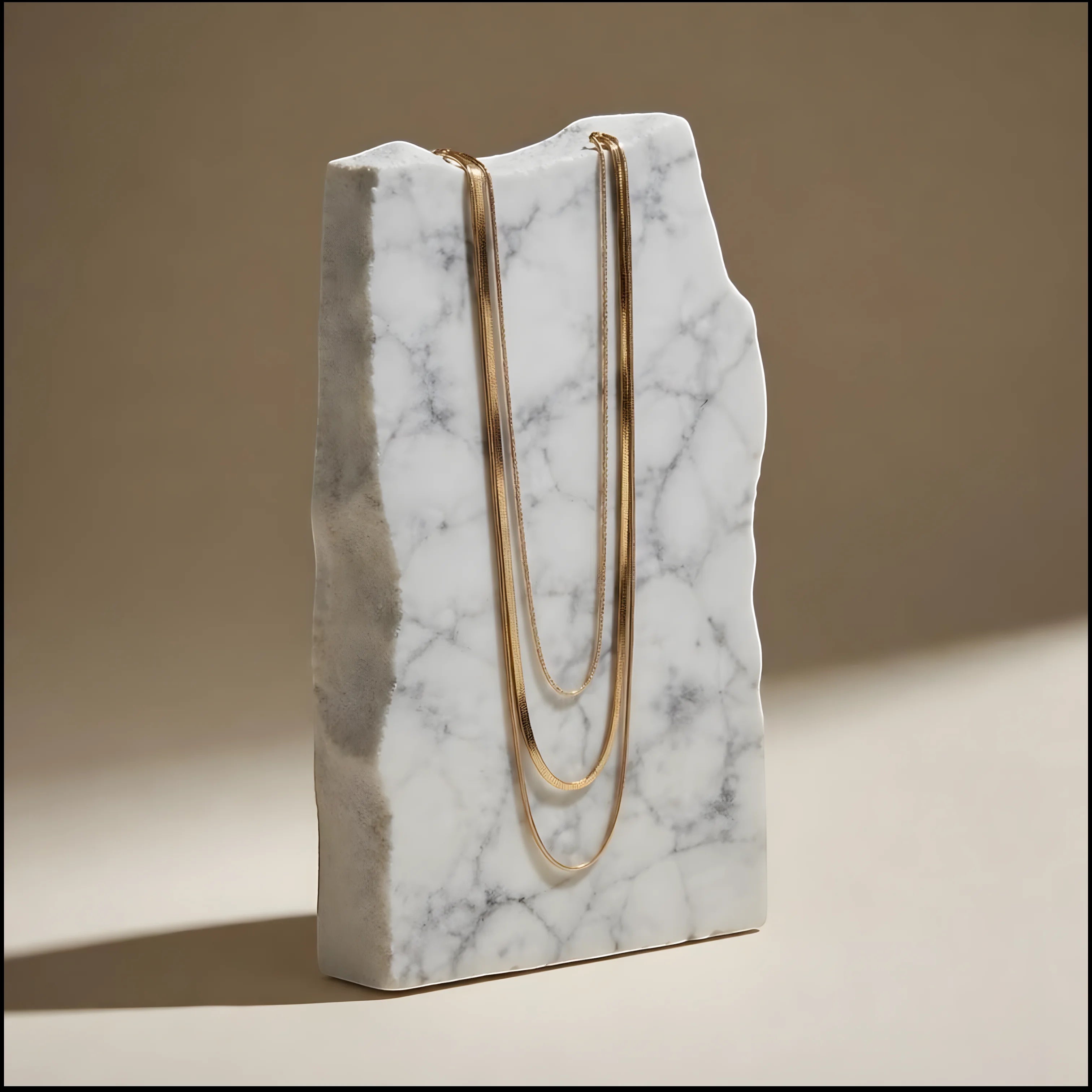 Chévereh three-layer gold-tone chain necklace displayed on a white marble slab for a modern, elegant look.