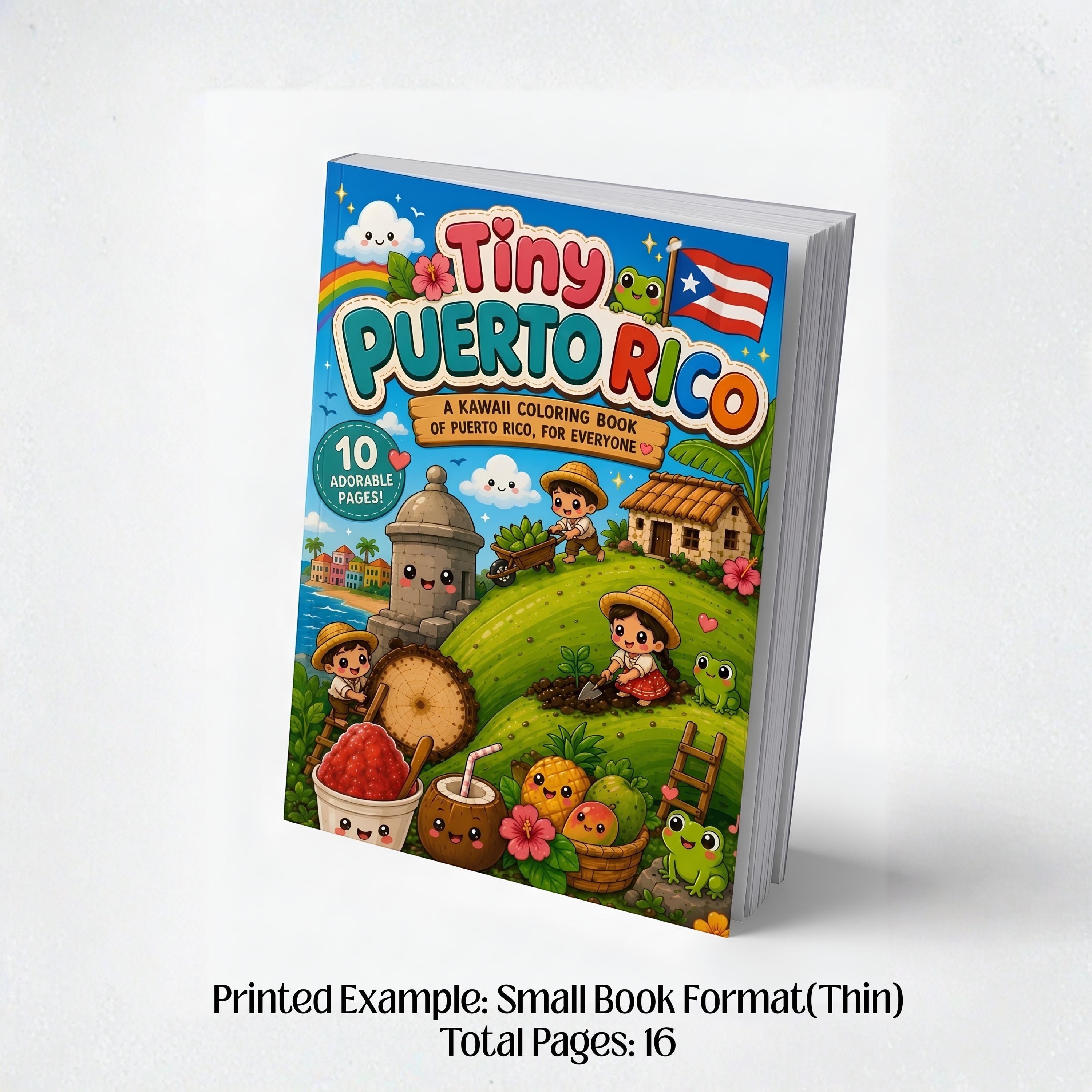 Chévereh Tiny Puerto Rico kawaii coloring book featuring cute illustrations of tropical scenery and cultural icons.