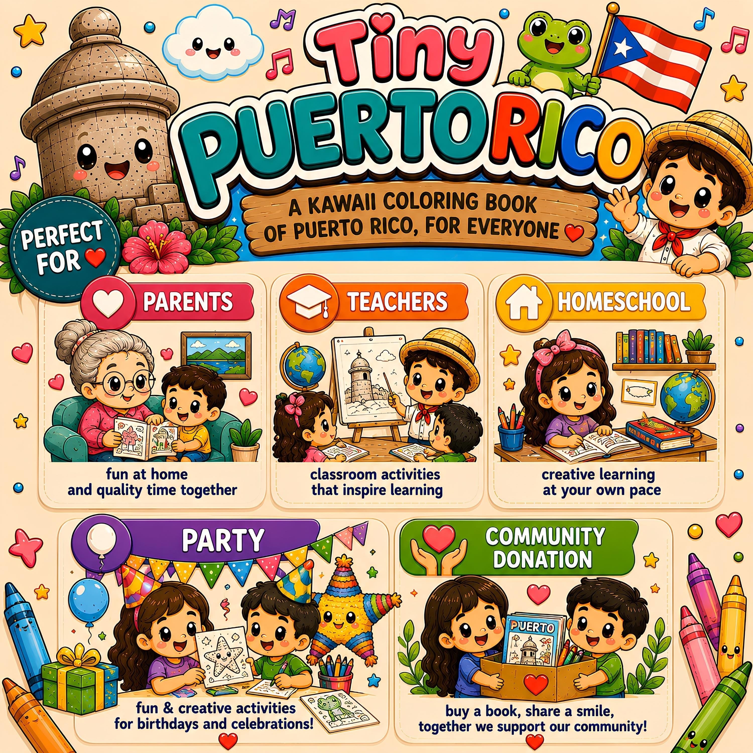 Chévereh Tiny Puerto Rico kawaii coloring book cover featuring cute illustrations of a garita, coqui, and children.