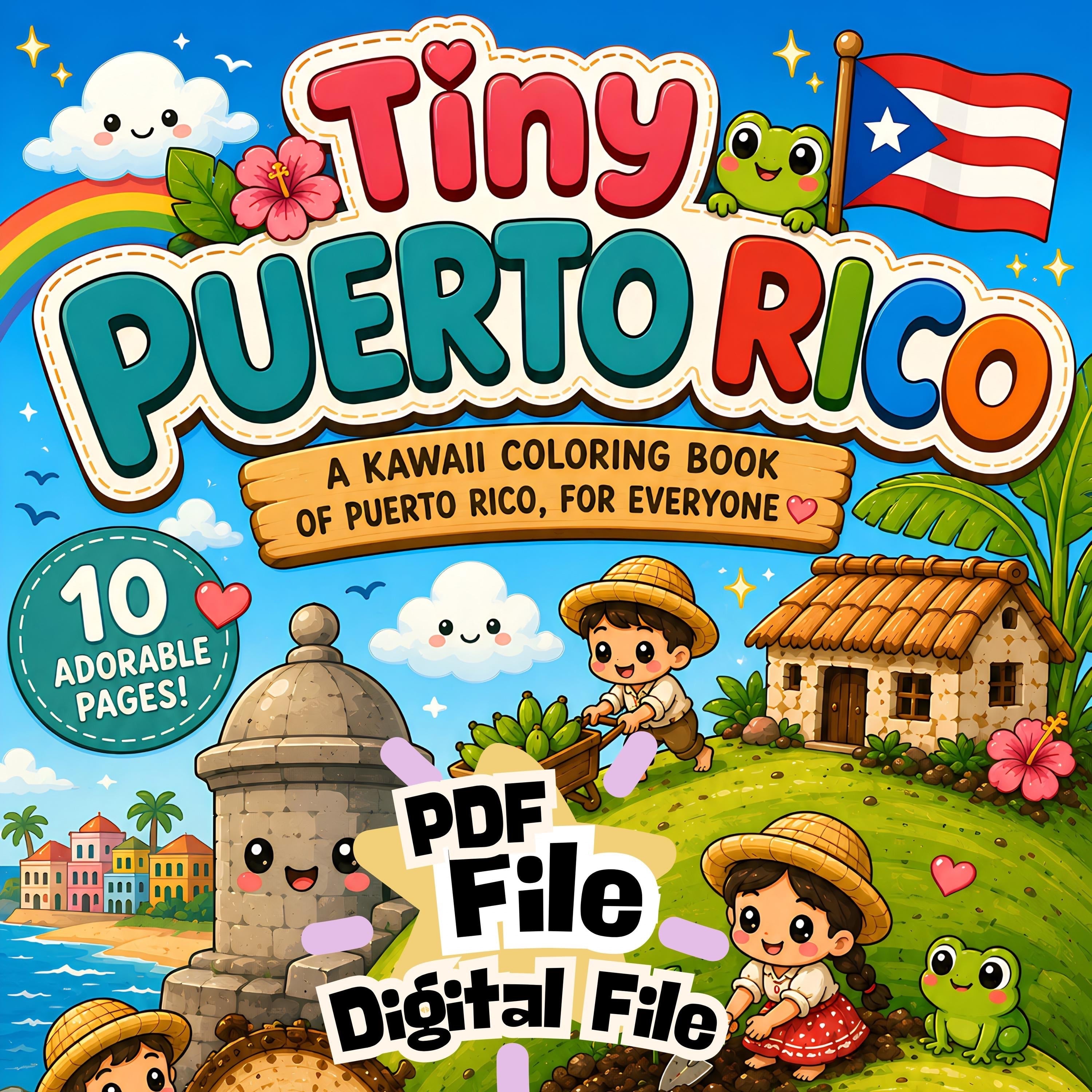 Chévereh Tiny Puerto Rico kawaii coloring book cover featuring cute characters, a garita, and tropical scenery.