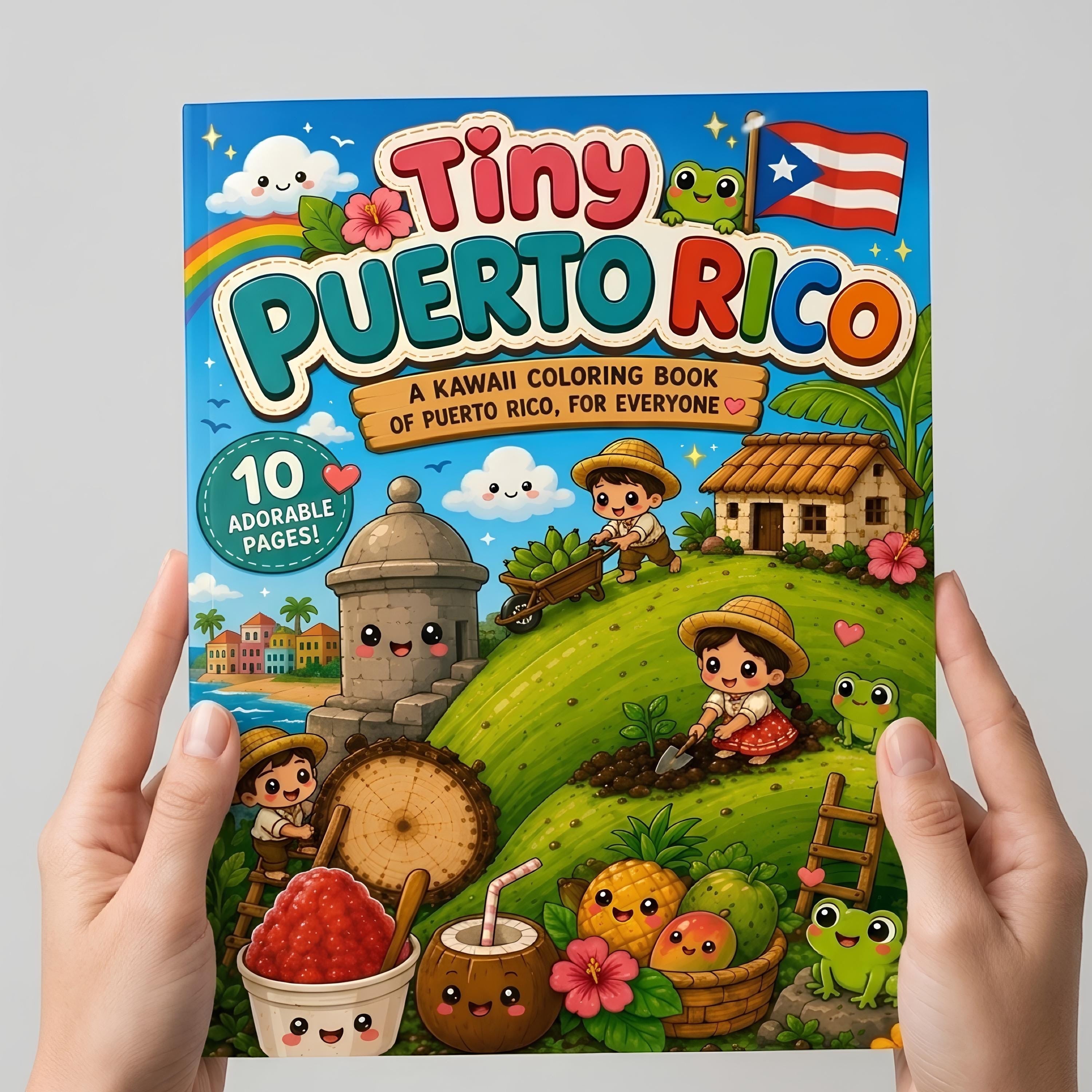 Chévereh Tiny Puerto Rico kawaii coloring book cover featuring cute illustrations of tropical scenery and characters.