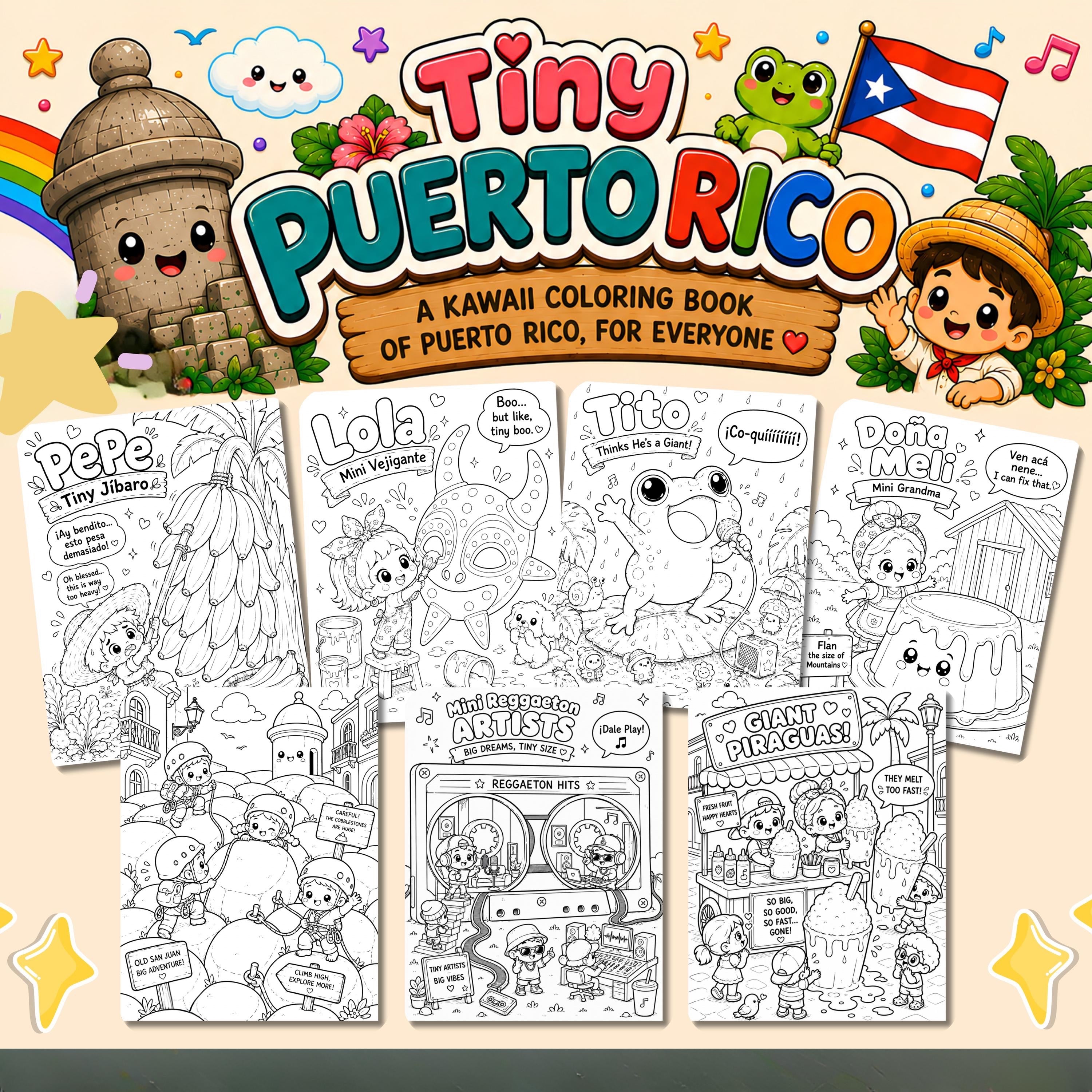 Chévereh Tiny Puerto Rico kawaii coloring book pages featuring cute illustrations of frogs, piraguas, and cultural icons.