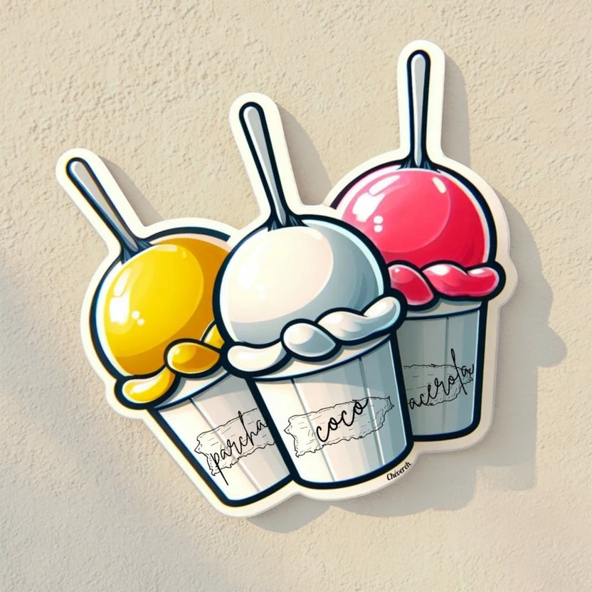 Chévereh parcha, coco, and acerola ice cream cups vinyl sticker. Waterproof, glossy finish.