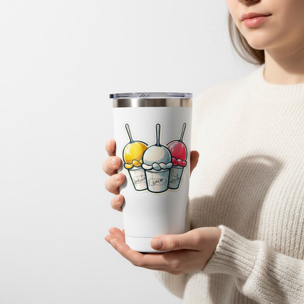 Chévereh Parcha, Coco y Acerola ice cream cups vinyl sticker. Waterproof, glossy finish with yellow, white, and red scoops.
