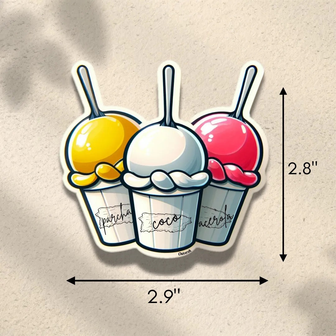 Chévereh parcha, coco y acerola ice cream cups vinyl sticker. Waterproof, glossy finish.