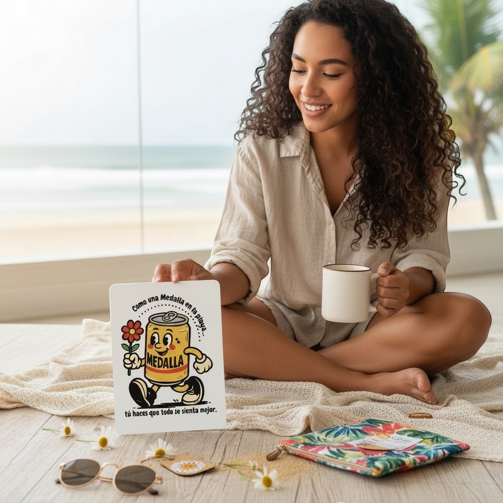 Woman holding Chévereh digital art print with a Medalla beer character, daisies, and romantic Puerto Rican phrase.
