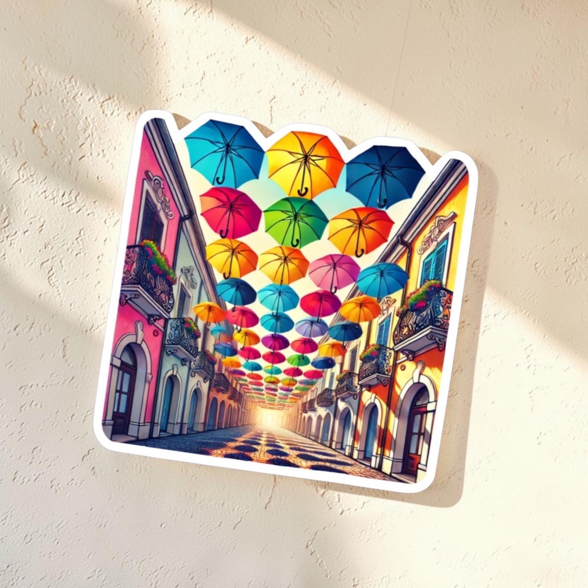 Chévereh Umbrella Old San Juan Alley sticker with glossy finish, featuring colorful umbrellas over a street.