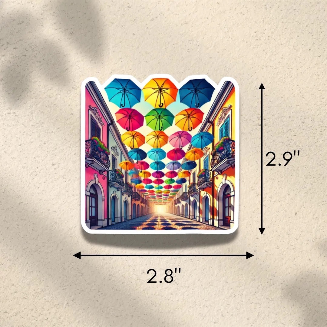 Chévereh Umbrella Old San Juan Alley sticker with colorful umbrellas and glossy finish. Waterproof vinyl.