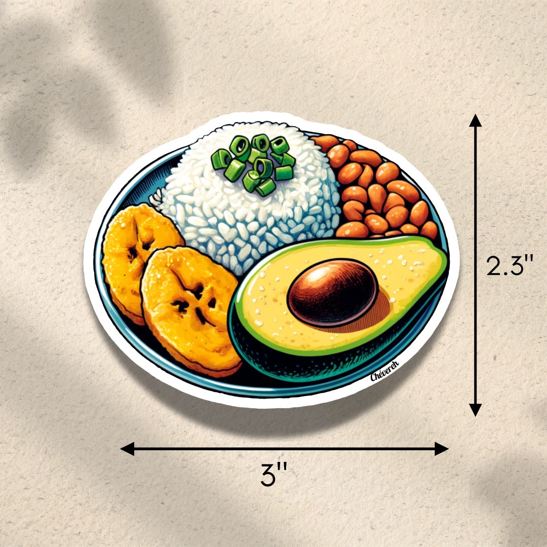 Chévereh vinyl sticker of a plate with rice, beans, avocado, and fried plantains. Waterproof glossy finish.