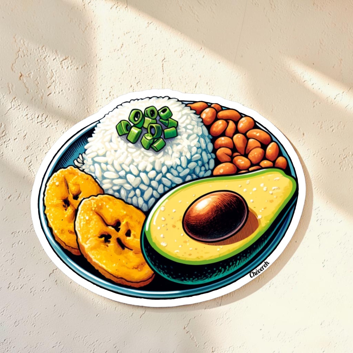 Chévereh "Un Buen Plato" vinyl sticker featuring rice, beans, avocado, and plantains. Waterproof glossy finish.