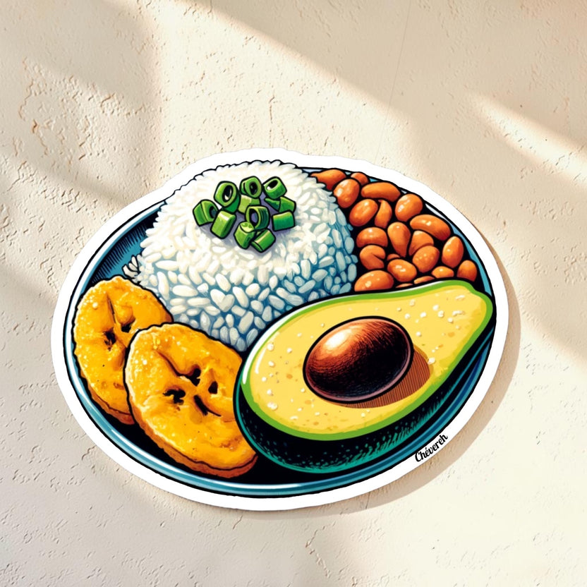 Chévereh "Un Buen Plato" vinyl sticker featuring rice, beans, avocado, and plantains. Waterproof glossy finish.
