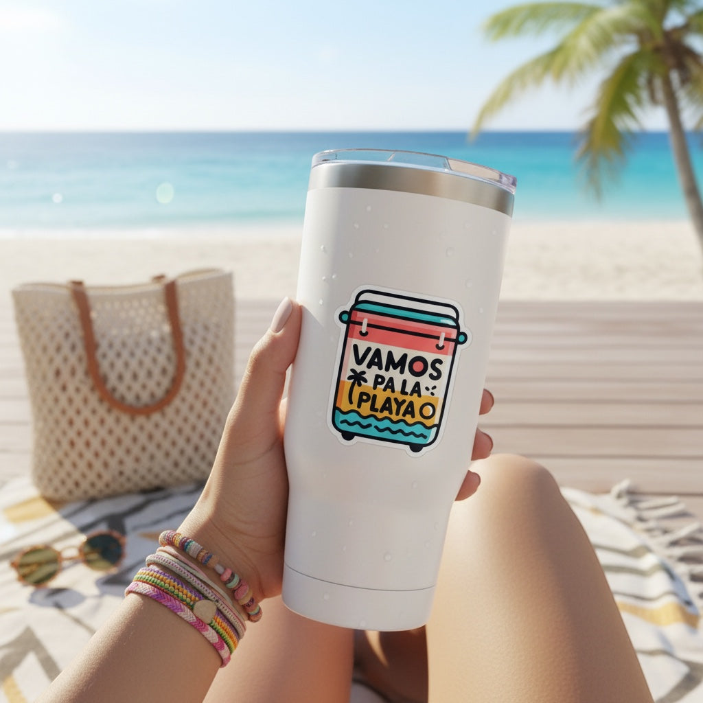 Chévereh Vamos Pa La Playa vinyl sticker on a white tumbler, featuring a colorful cooler illustration and Spanish text.