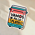 Chévereh Vamos Pa La Playa vinyl sticker featuring a colorful cooler illustration with beach stripes and text.
