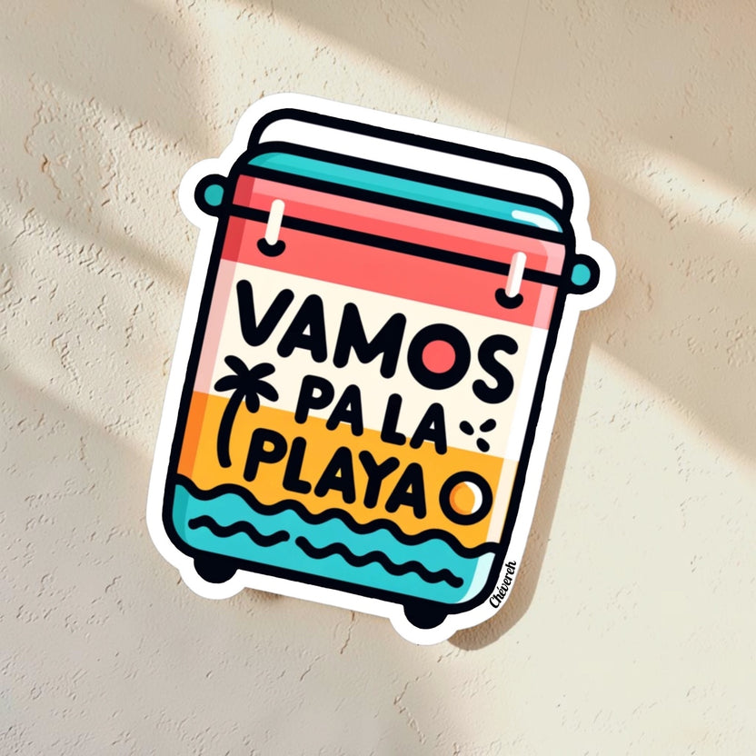 Chévereh Vamos Pa La Playa vinyl sticker featuring a colorful cooler illustration with beach stripes and text.
