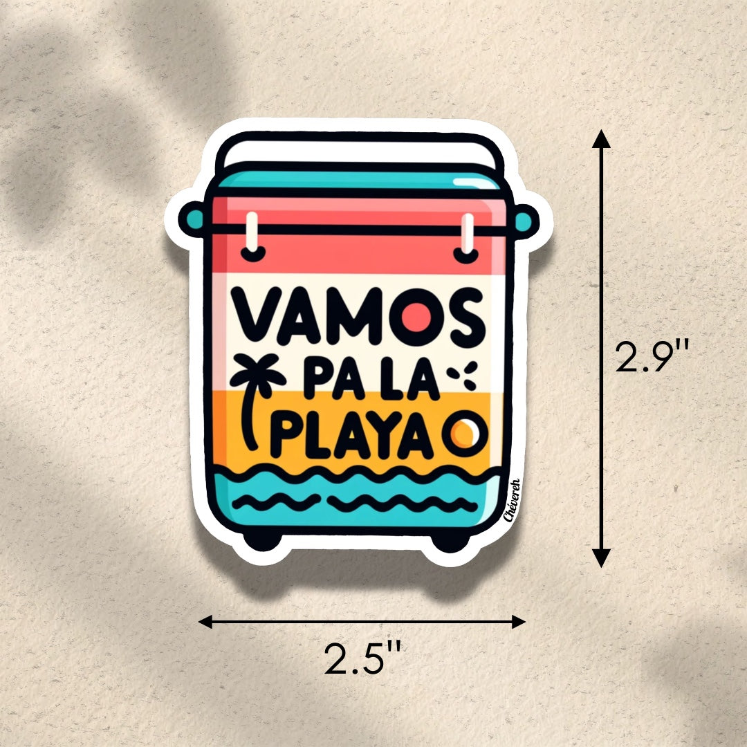 Chévereh Vamos Pa La Playa vinyl sticker featuring a colorful cooler with stripes and beach waves. Waterproof, glossy finish.