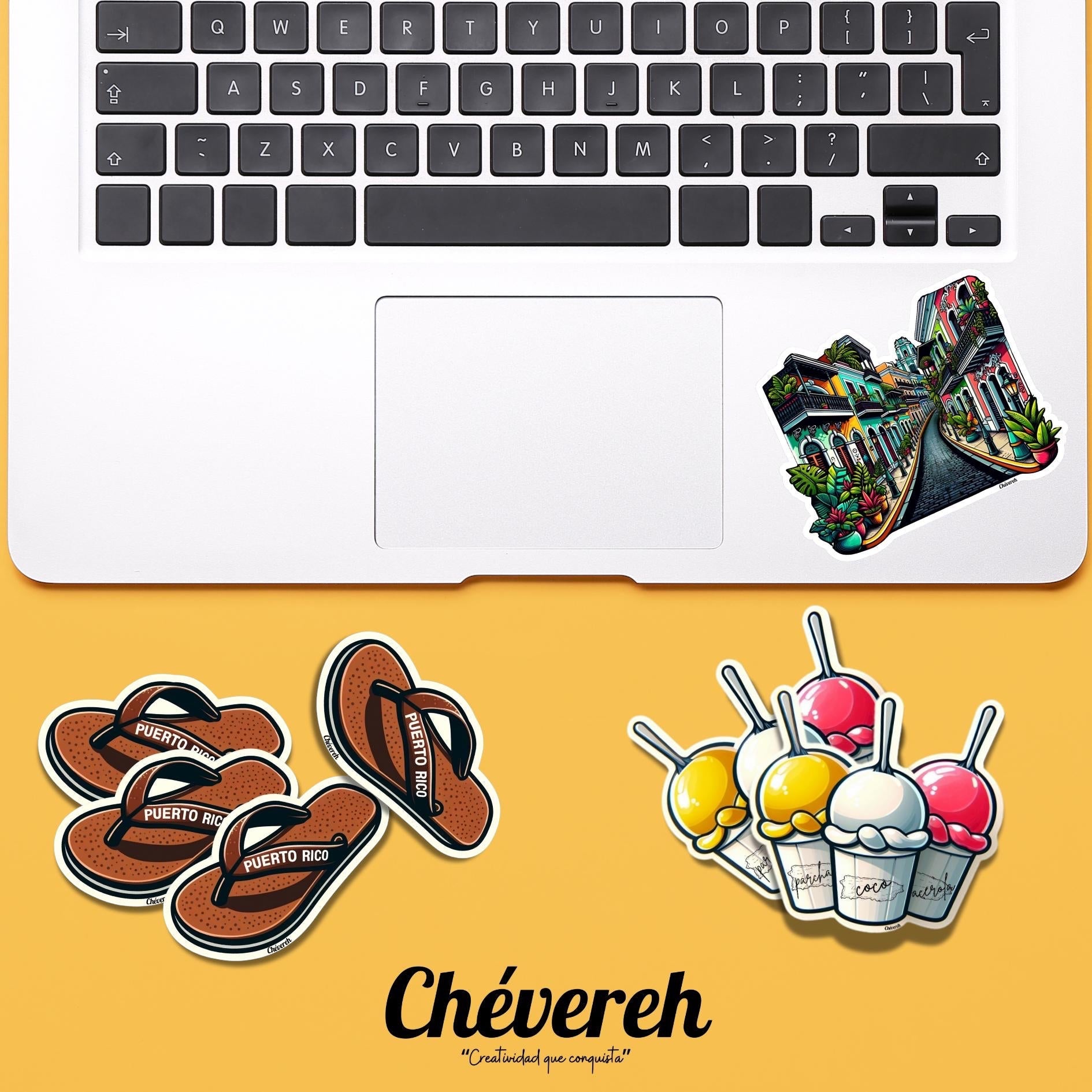 Chévereh Voy Subiendo sticker: colorful Puerto Rican street scene illustration, waterproof vinyl with glossy finish.