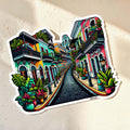 Chévereh vinyl sticker featuring a colorful Puerto Rican street scene with balconies and plants. Waterproof, glossy finish.