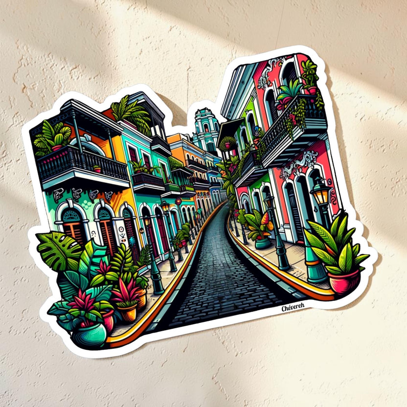 Chévereh vinyl sticker featuring a colorful Puerto Rican street scene with balconies and plants. Waterproof, glossy finish.