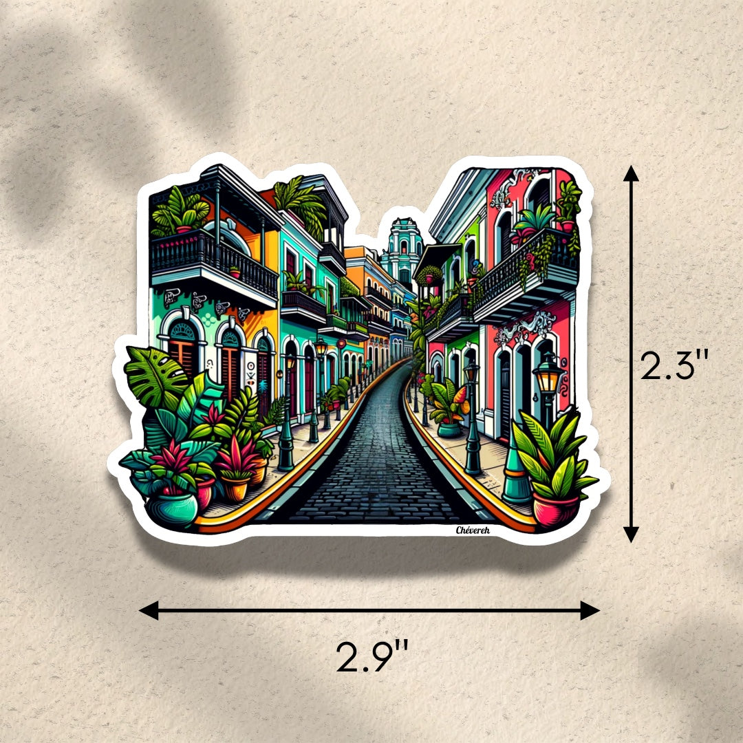 Chévereh Voy Subiendo vinyl sticker featuring a colorful street scene in Old San Juan with balconies and plants. Waterproof, glossy finish.